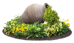 Cut out amphorae surrounded by plants. Flower bed isolated on white background. Decorative flowers in pot for garden design or landscaping. High quality clipping mask.