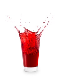 red juice or berry compote with splashes in glass isolated on white background