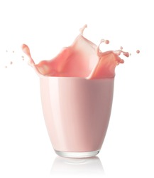 strawberry milkshake with splash in glass isolated on white background