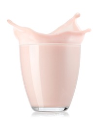 glass of strawberry yogurt with splash isolated on white