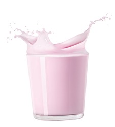 glass of strawberry milk with splash isolated on white
