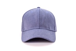 Blue denim baseball cap or jeans hat isolated on white background with clipping path. Front view.