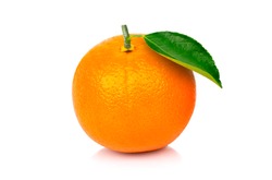 Closeup fresh organic orange fruit with green leaf isolated on white background with clipping path.