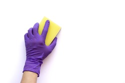 Closeup hand with glove holding yellow sponge for cleaning isolated on white background with clipping path.