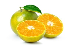 Clementine or tangerine orange fruit with green leaf and cut in half sliced isolated on white background. 