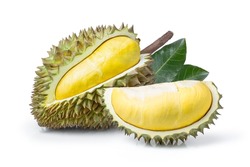 Durian fruit and ripe durian cut in half with green leaf isolated on white background. 