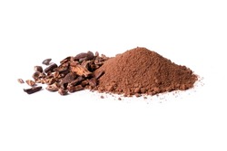 Pile of cocoa powder with cacao beans and cocoa nib isolated on white background.