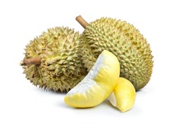 Durian fruit and fresh durian pulp isolated on white background.