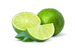 Fresh green lime fruit with water droplets and cut in half sliced with green leaf isolated on white background.