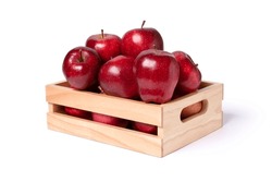 Red apple in wooden box (crate) isolated on white background with clipping path