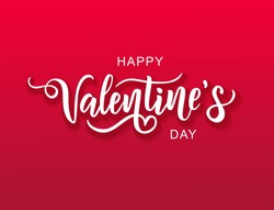 Happy Valentine's day text, hand lettering typography poster on red gradient background. Vector illustration. Romantic quote postcard, card, invitation, banner template. 