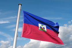 Waving Flag of Haiti in Blue Sky. Haiti Flag on pole for Independence day. The symbol of the state on wavy cotton fabric.