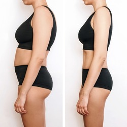 Two shots of a young woman with excess fat and toned slim body before and after losing weight isolated on a white background. Result of diet, liposuction, training. Healthy lifestyle. Profile