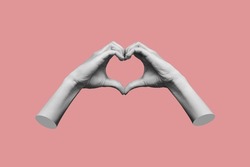Human female hands showing a heart shape isolated on a pink color background. Feelings and emotions. Trendy 3d collage in magazine urban style. Contemporary art. Modern design