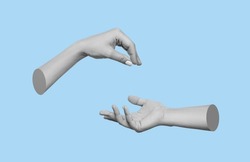 Female hand makes a gesture like handing the hanging object to outstretched hand isolated on a blue background. Handover. 3d trendy collage in magazine style. Contemporary art. Modern design