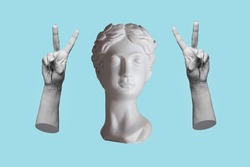 Antique female statue showing a peace gesture with hands isolated on a blue color background. Trendy collage in magazine surreal style. 3d contemporary art. Modern design