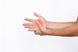 Cropped shot of a young woman holding a palm in her hand isolated on a white background. Numbness of the limbs. Injuries, arm pain, carpal tunnel syndrome, neuralgia. Medical concept