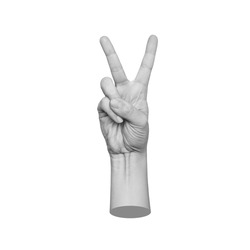 Female hand showing a peace gesture isolated on a white background. 3d trendy collage in magazine style. Contemporary art. Modern design. Victory hand sign