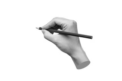 A female hand holds a pencil isolated on a white background. Mockup with empty copy space for text and design. trendy collage in magazine style. Modern contemporary art