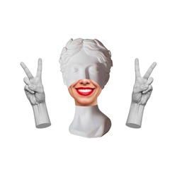 Antique female smiling statue showing a peace gesture with her hands isolated on a white background. 3d trendy collage in surreal magazine style. Contemporary art. Modern design