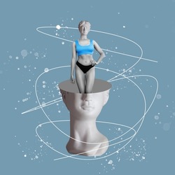 Female antique statue's head with slim fit woman in the cut isolated on blue color background. The beauty inside. Trendy collage in magazine surreal style. 3d abstract contemporary art. Modern design