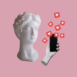 Antique statue's head with hand holding mobile phone with like symbols from social networks on pink color background. 3d trendy collage in magazine style. Contemporary art. Modern design
