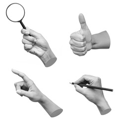 Trendy 3d collage of female hands showing gestures such thumb up, point to object, holding a magnifying glass, writing isolated on white background. Contemporary art in magazine style. Modern design