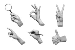 Set of 3d hands showing gestures such as ok, peace, thumb up, point to object, holding a magnifying glass, writing isolated on white background. Contemporary art in magazine style. Modern design