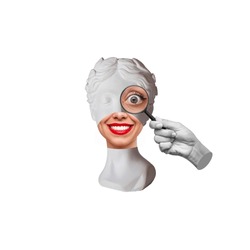 Antique smiling woman statue's head with red lips with eye enlarged with magnifying glass isolated on white color background. 3d trendy collage in magazine style. Contemporary art. Modern design