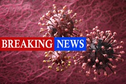 Breaking News Covid-19 concept isolated on coronavirus simulation cell red background.