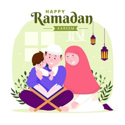 Ramadan kareem mubarak happy moslem family together reading quran during fasting with kids, children and parents, suitable for Greeting card, invitation and banner. flat vector illustration.