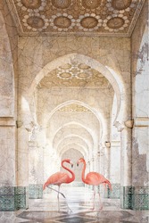 3d wallpaper design with flamingo in colum tunnel