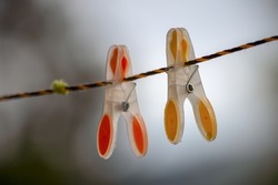 Close-up photography of two plastic clip clothes hangers attached to a cord iin a cloudy day in a farm near the town of Arcabuco, in the Andes mountains of central Colombia.
