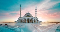 Sharjah Mosque Largest Masjid in Dubai, Ramadan Eid Concept background, Arabic Letter means: Indeed, prayer has been decreed upon the believers a decree of specified times, Travel and tourism image