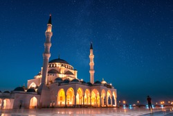 Sharjah Grand Mosque Night View,Sharjah Travel Tourism Image,Best Places to visit in Dubai, Amazing architecture Design, Islamic concept Ramadan and Eid Background 2020, Beautiful Mosque in the world 