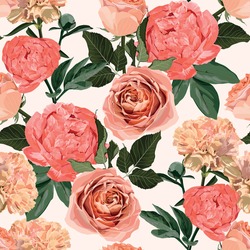 Floral Seamless Pattern with peony flowers, roses and clove flowers and leaves. Blooming Flowers on white Background.	