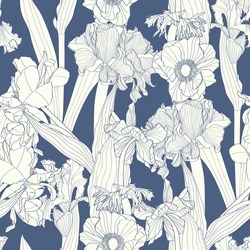 Seamless delicate pattern with spring line flowers. Bright spring  daffodils, tulips illustration. Vintage blue colors.