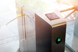 Turnstiles. Checkpoint. Automatic access control. Access system in front of the building. Automatic electronic entrance. Entrance gate with turnstile.