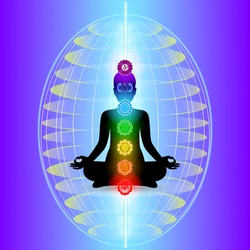 Human aura with seven sparkling chakras, vector