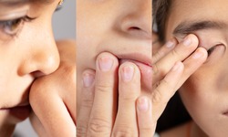 Collage of Young girl touches her nose, eyes and Mouth - Concept showing avoid touch face to protect and prevent form covid-19, sars cov 2 or coronavirus outbreak or spreading.