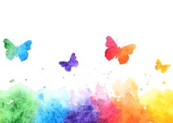 rainbow watercolor splash background with flying butterflies. vector illustration