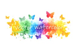 rainbow watercolor splash background with flying butterflies. vector illustration