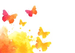 watercolor splash background with flying butterflies. vector illustration