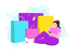 Happy overweight woman bought many expensive things through online internet shop. Sale and consumerism concept. XXL plus size shops