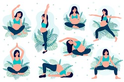 Happy and healthy pregnancy concept. Pregnant woman doing yoga, 8 exercises for health and relaxation. Illustration vector isolated on white