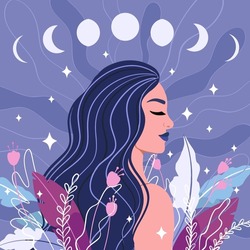 Spiritual magician girl, background with phases of the moon. Moon cycle and floral woman, dream, thought and meditation concept. vector illustration