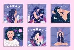 Spiritual girl, space love. dream, thought and meditation concept. vector cards collection