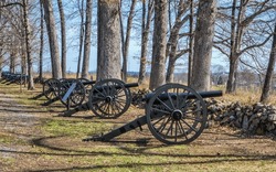 Confederate cannons lined up on Confederate Avenue at Gettysburg National Military Park, Gettysburg, Pennsylvania