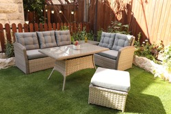 rattan sofas, plastic and wood, in an old green garden