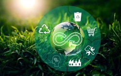 Energy consumption and CO2 emissions are increasing. Circular economy concept. Sharing, reusing,repairing,renovating and recycling existing materials and products as much possible.
